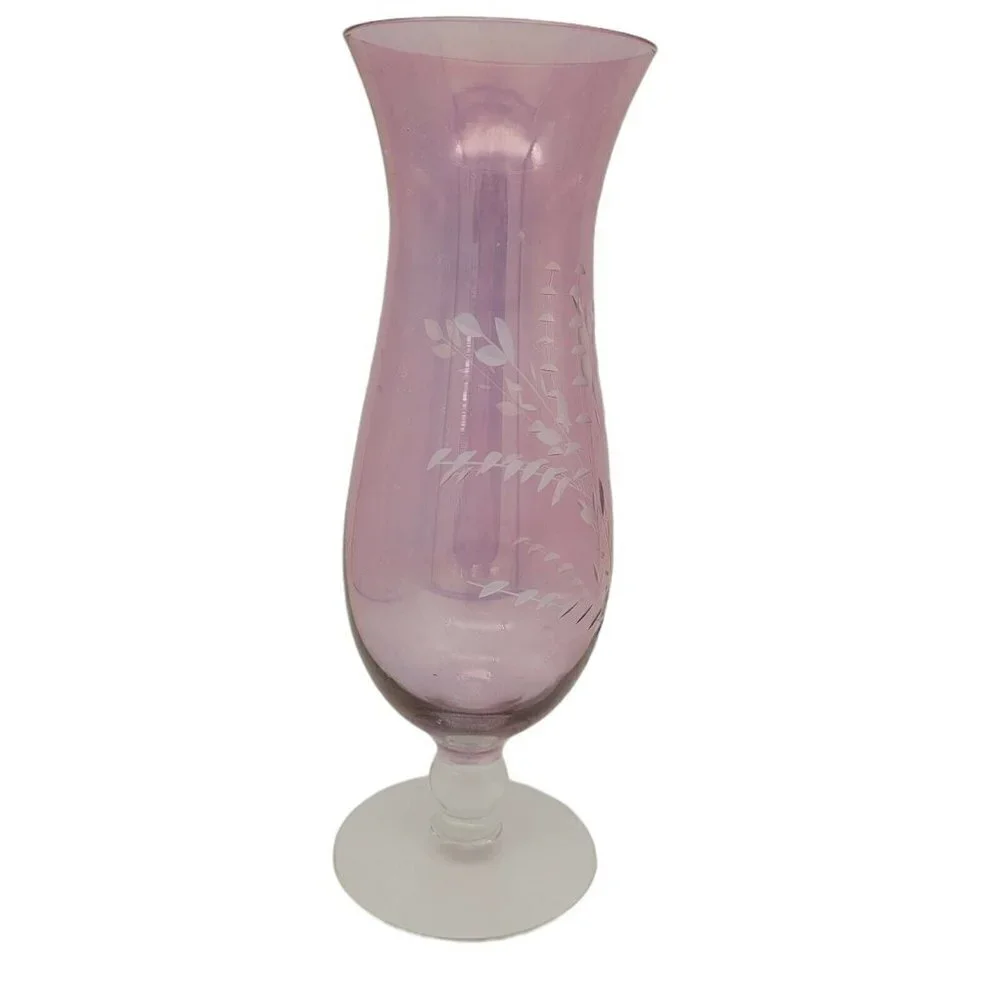 Vintage Amethyst Etched Flashed Glass Vase Light Purple Opalescent Sheen 10